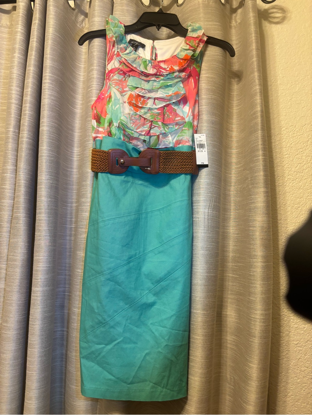 Alyx Floral Ruffled Bodice Teal Sheath Dress With Brown Belt